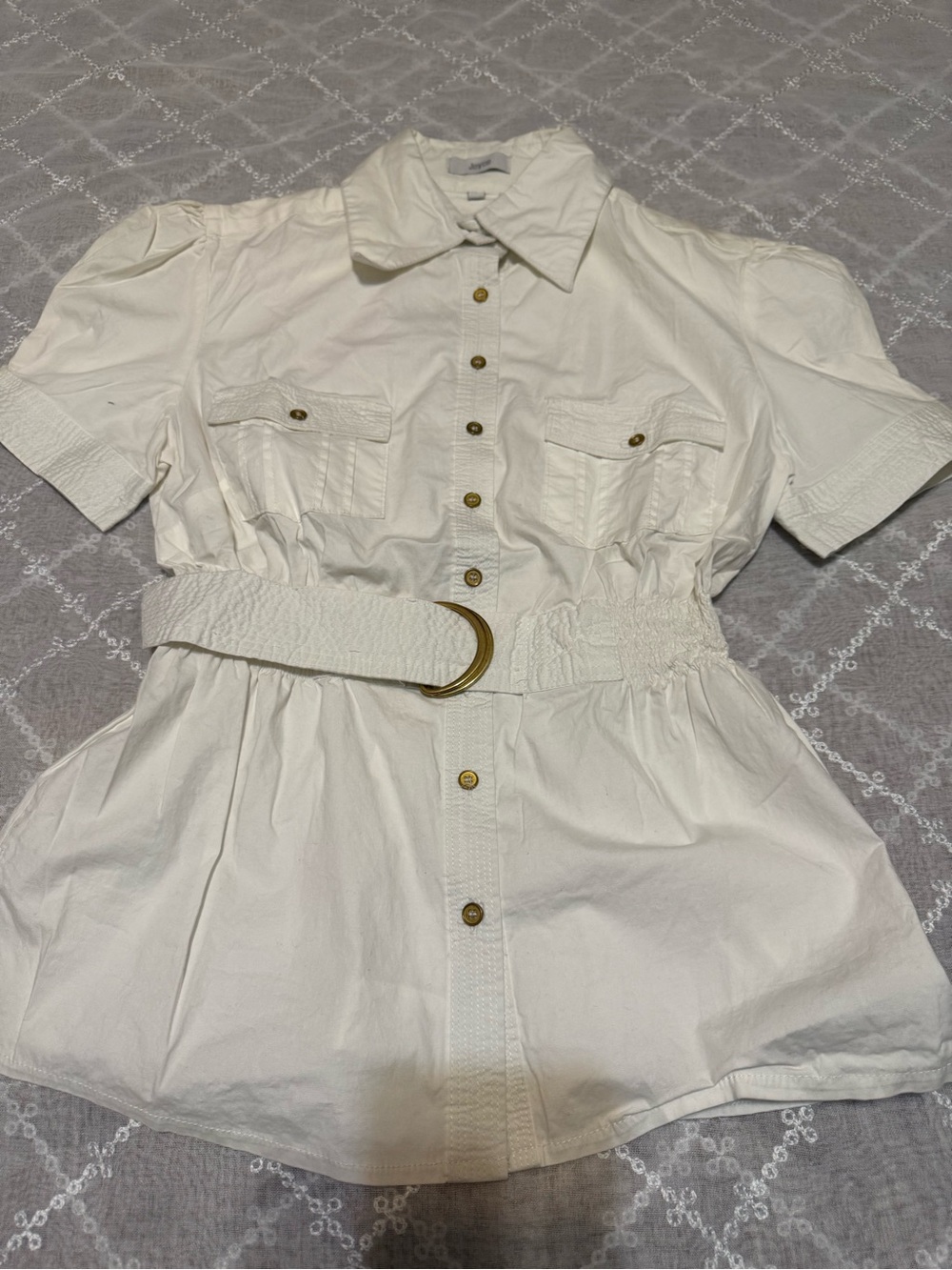 Crisp White Short-Sleeve Button Front Blouse with Belt